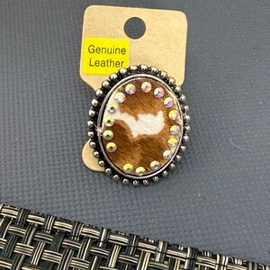 NWT Genuine Leather Western Adjustable Ring with AB stones silver Tone